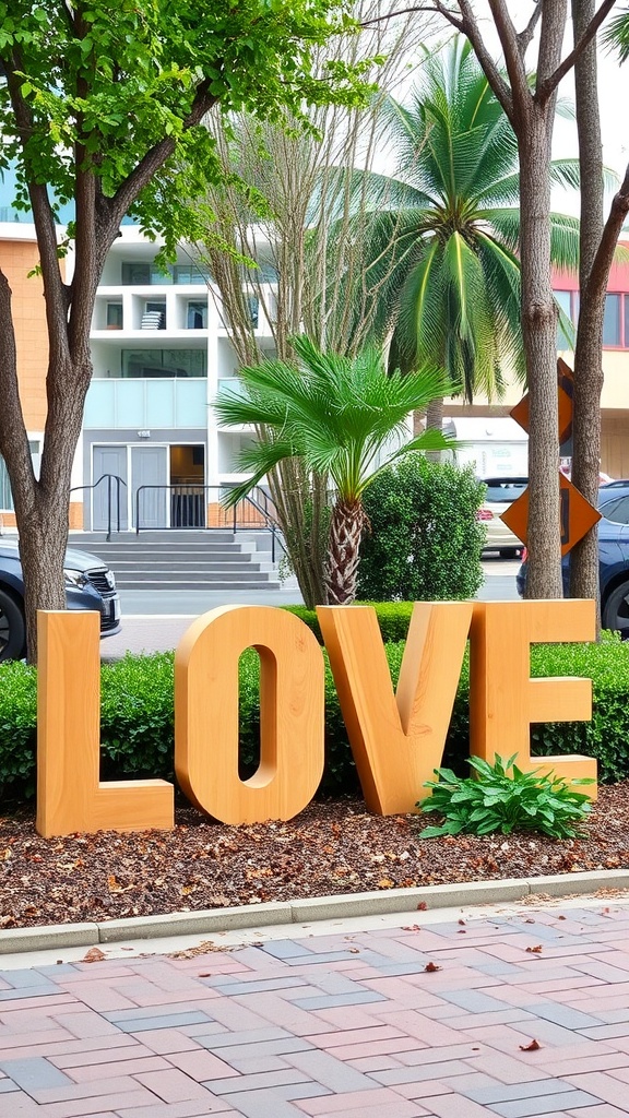 Rustic wooden letters spelling LOVE in a garden setting