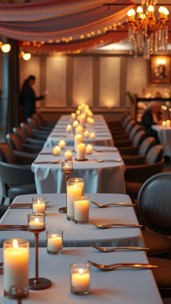 Restaurant setting with candles creating a romantic ambiance for Valentine's Day