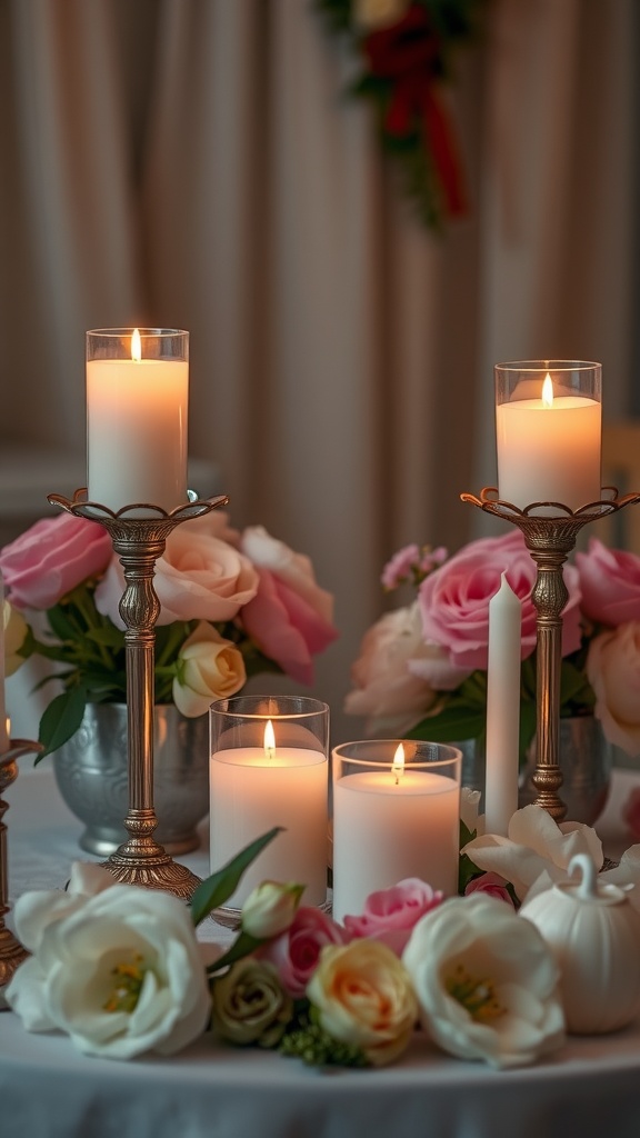 Scented candles surrounded by flowers, creating a romantic outdoor setting