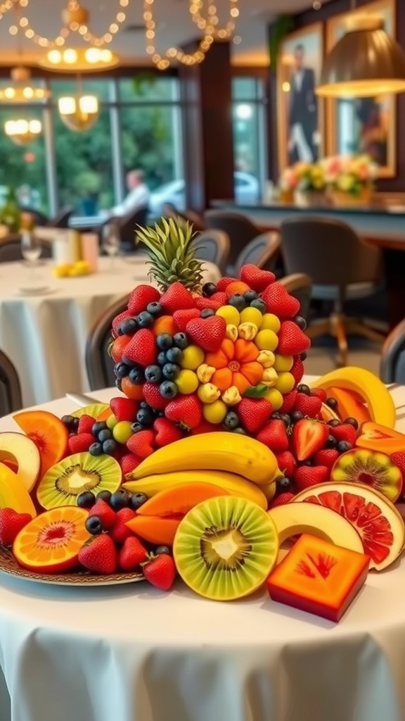 A heart-shaped fruit display featuring strawberries, melons, and blueberries on a table.