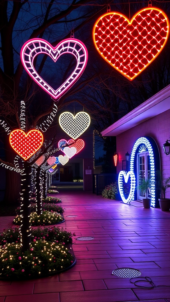 Colorful heart-shaped light displays for Valentine's Day restaurant decoration.