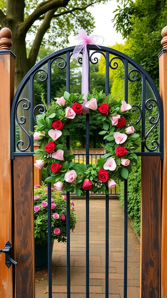 A vibrant wreath made of red and pink roses hanging on a black wrought iron gate, with a pink ribbon bow.