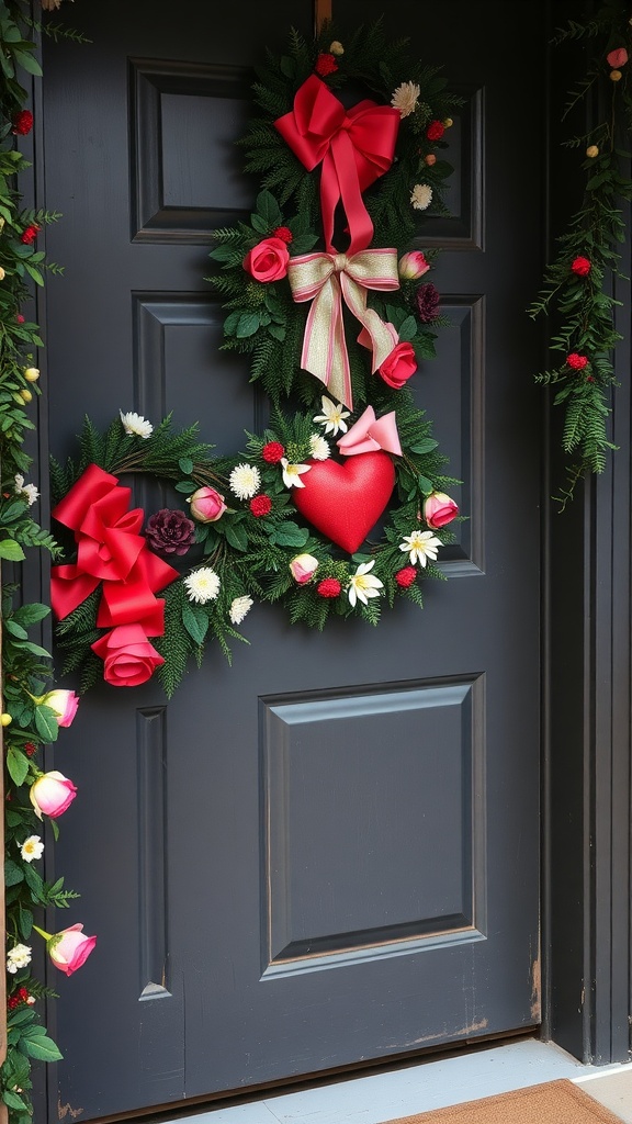 A seasonal wreath with red roses, white daisies, a heart, and bows on a dark door.