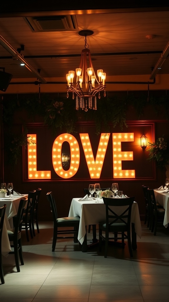 A cozy restaurant interior decorated for Valentine's Day with warm lighting and a prominent 'LOVE' sign.