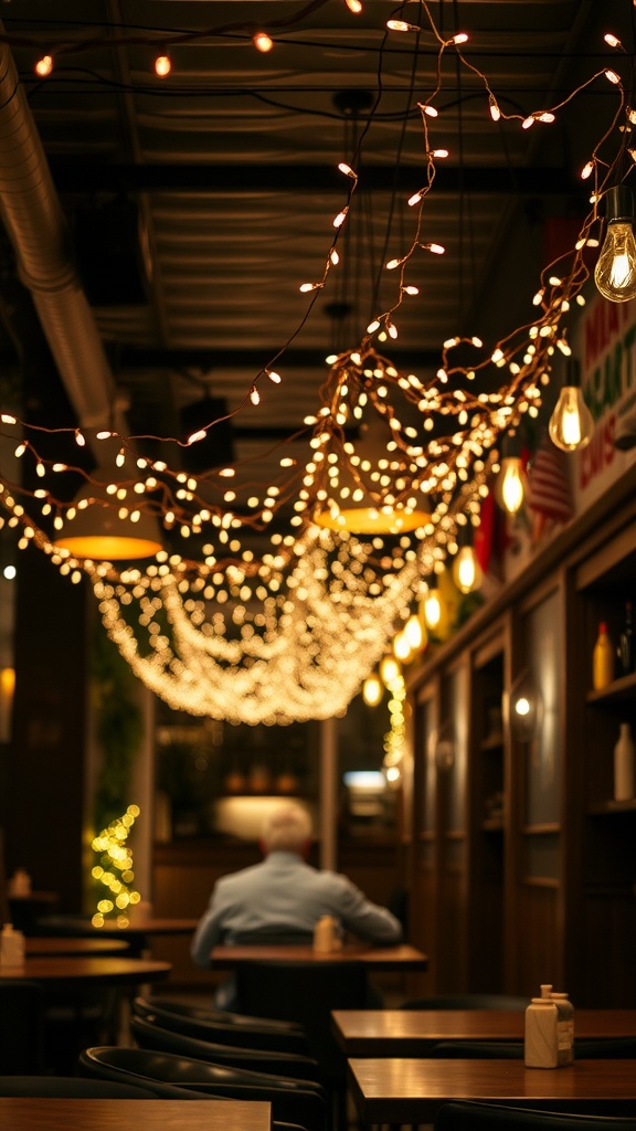 A restaurant interior illuminated by warm string lights, creating a cozy atmosphere.