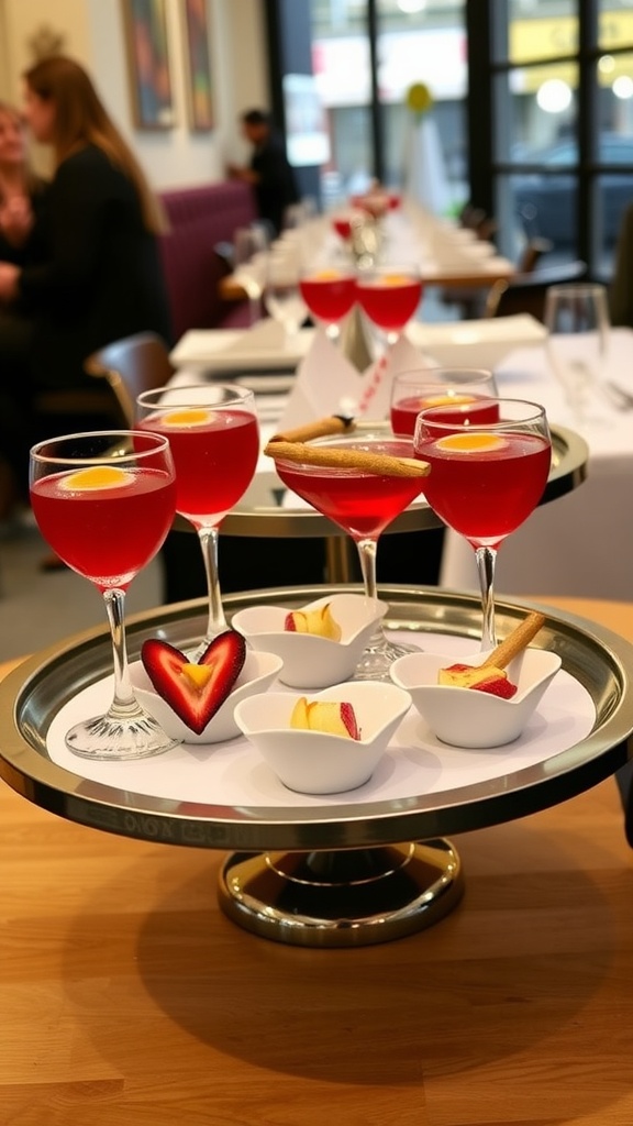 A stylish serving tray with heart-shaped cookies and red drinks for Valentine's Day.