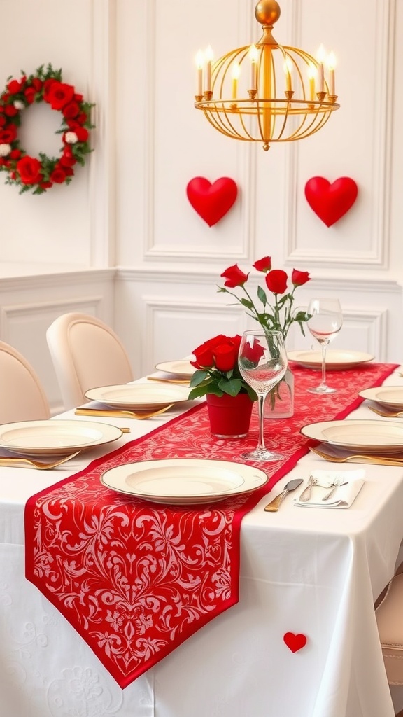 Stylishly decorated table for Valentine's Day with red table runner and roses.