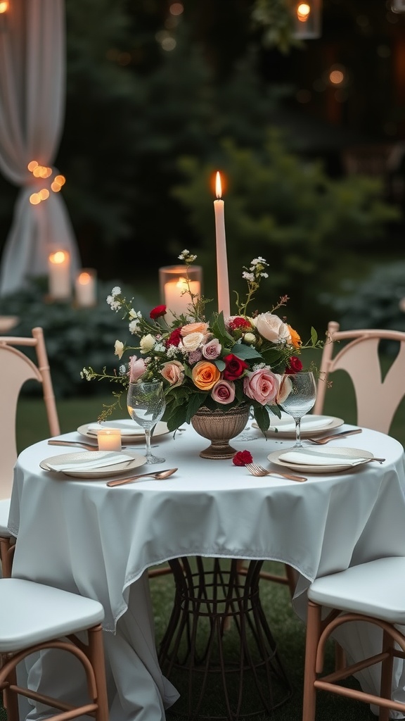 A romantic outdoor sweetheart table for two, featuring a floral centerpiece, candles, and elegant table settings.