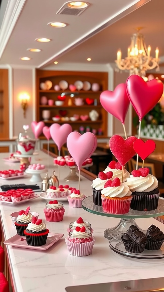 A colorful dessert bar featuring heart-shaped treats and decorations for Valentine's Day.