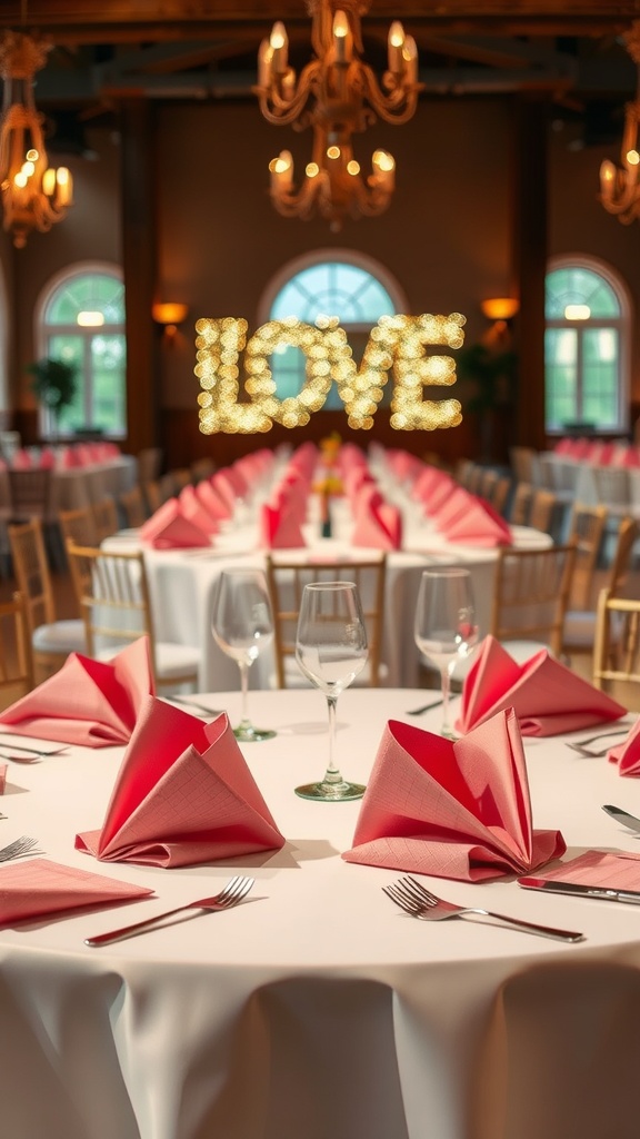 Elegant table setting with pink napkins folded in a heart shape for Valentine's Day.