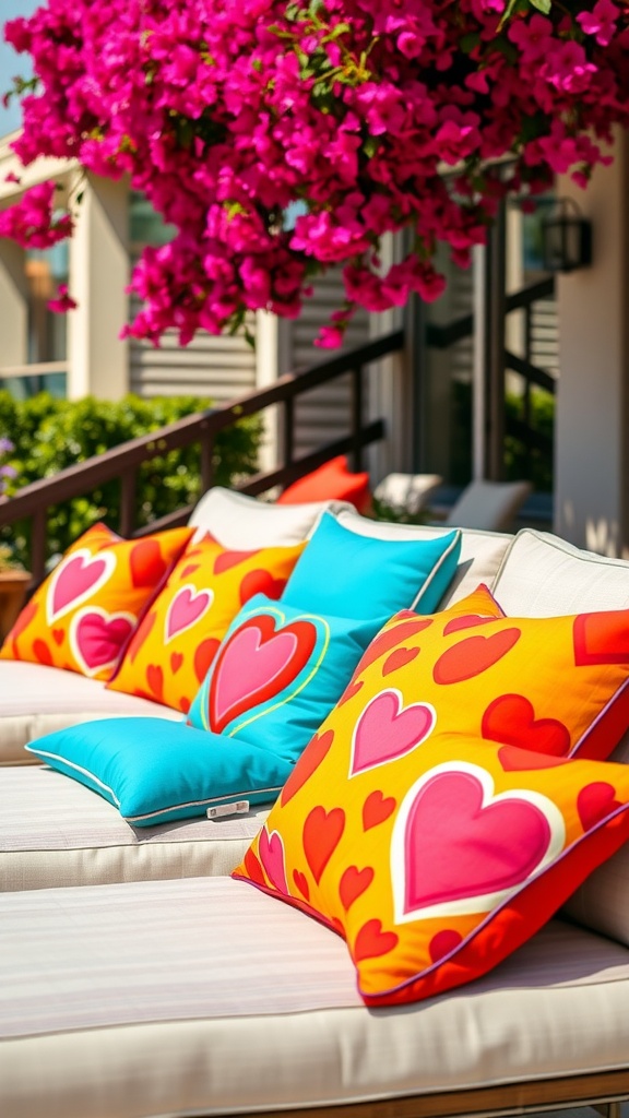 Vibrant outdoor cushions with heart designs on a patio