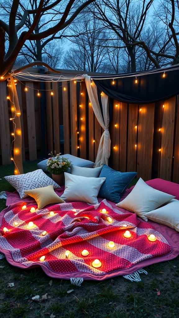 An outdoor slumber party setup with cozy blankets and pillows, illuminated by string lights and candles, creating a romantic atmosphere.