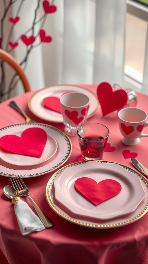 Table set for Valentine's Day with heart-shaped decorations and themed tableware.