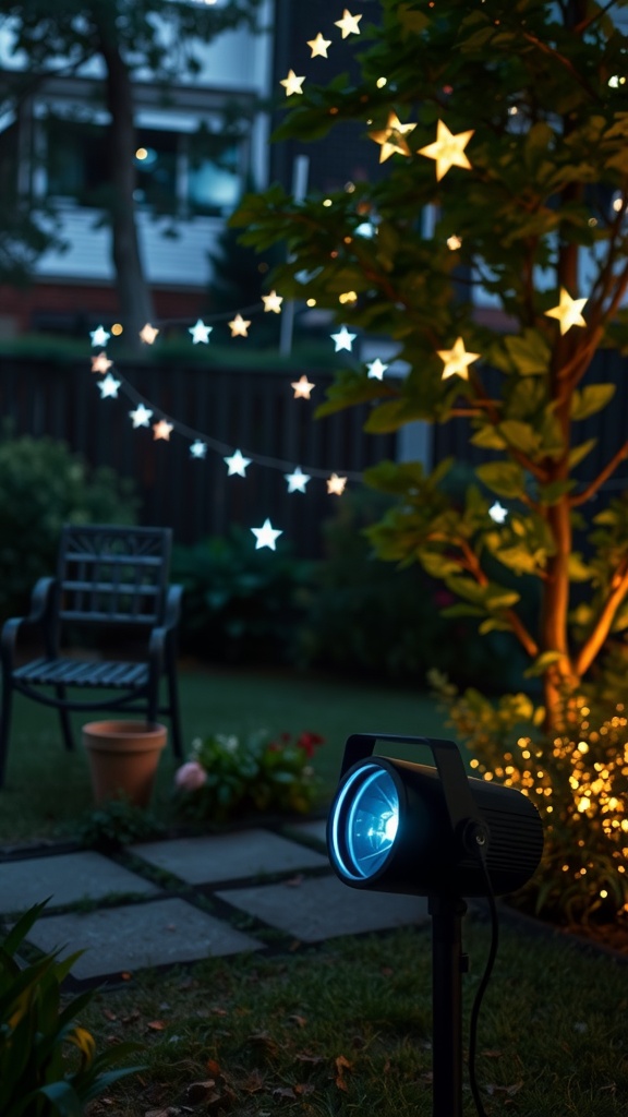 A twinkling star projector illuminating a garden with star-shaped lights, creating a romantic atmosphere.