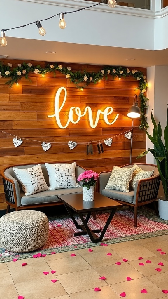 A cozy seating arrangement decorated for Valentine's Day with a neon 'love' sign, flowers, and heart accents.