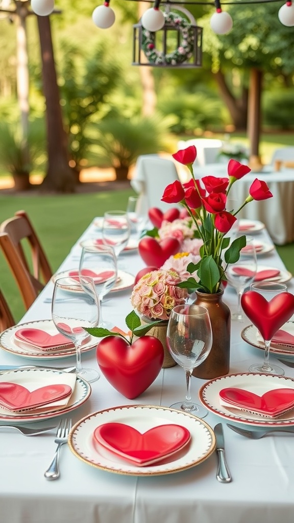 A beautifully set outdoor table for Valentine's Day featuring heart-shaped plates, red flowers, and romantic decor.