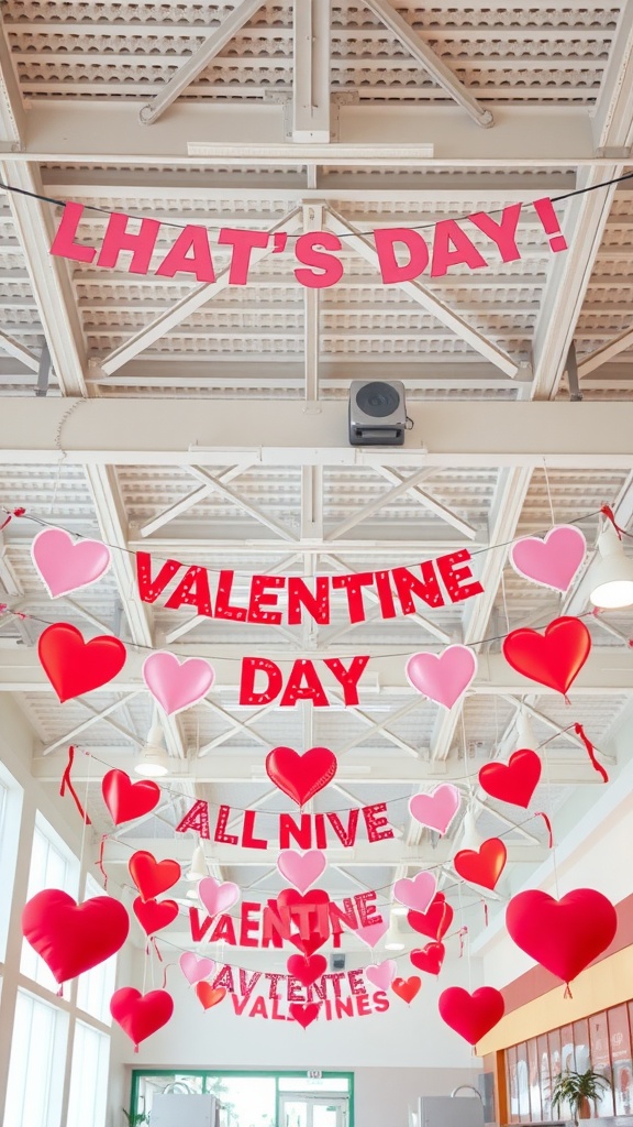 Colorful Valentine's Day banners with hearts and festive text hanging in a restaurant.