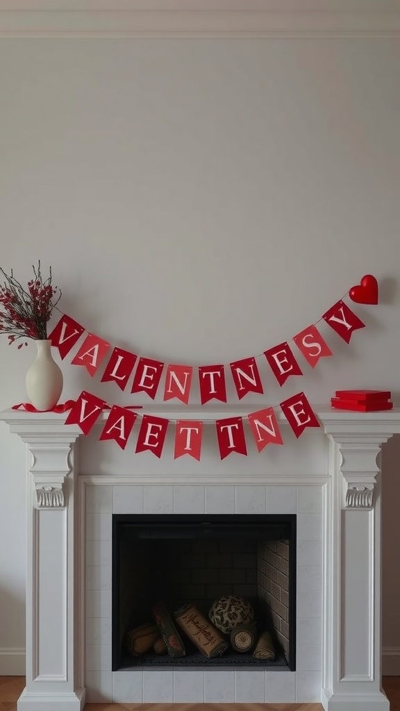 A red Valentine's Day banner with letters hanging above a fireplace.