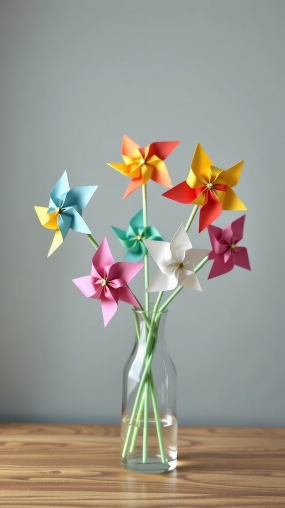 Colorful paper pinwheels in a vase on a wooden table