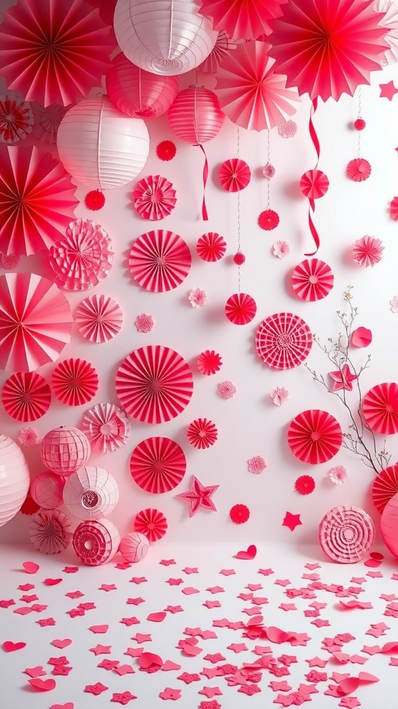 A vibrant Valentine's Day photo booth backdrop with hanging paper decorations and scattered heart confetti.