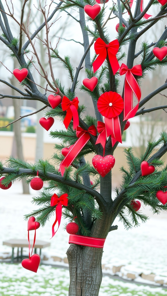 A tree decorated with red hearts and ribbons for Valentine's Day