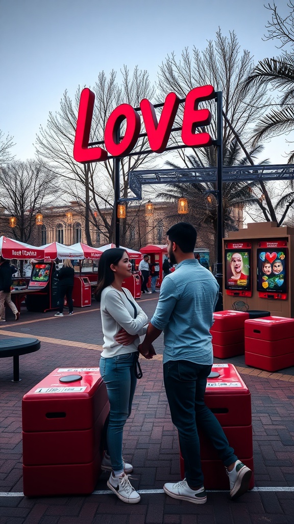 Couple standing in a romantic outdoor game area decorated for Valentine's Day