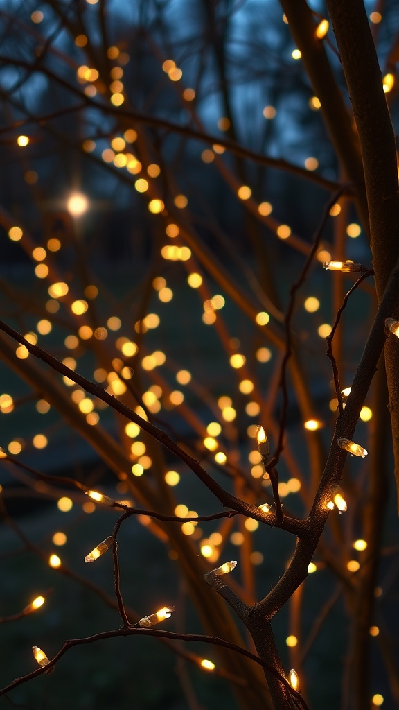 Fairy lights wrapped around tree branches, creating a romantic outdoor atmosphere.