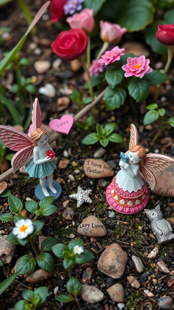 Two whimsical garden fairies surrounded by flowers and heart-shaped stones in a vibrant garden.