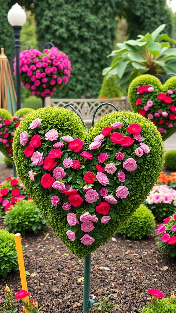 Heart-shaped topiaries filled with pink and red flowers in a garden setting.