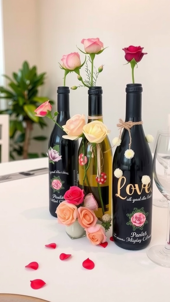 A charming display of wine bottle centerpieces adorned with roses and decorative elements for Valentine's Day.