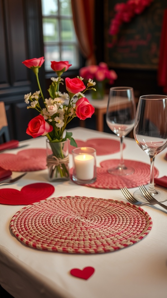 A beautifully set table with woven paper heart placemats, red roses, and candlelight.