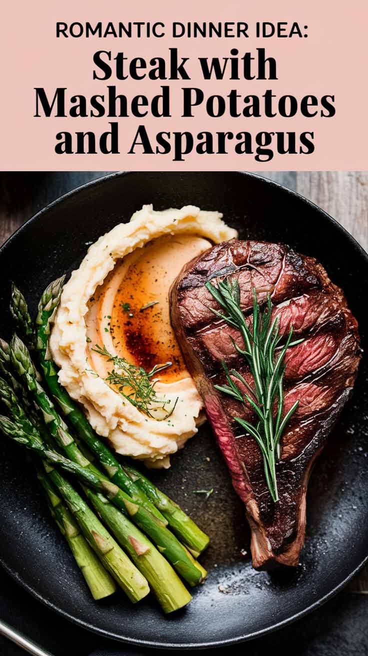 Romantic Dinner Idea: Steak with Mashed Potatoes and Asparagus