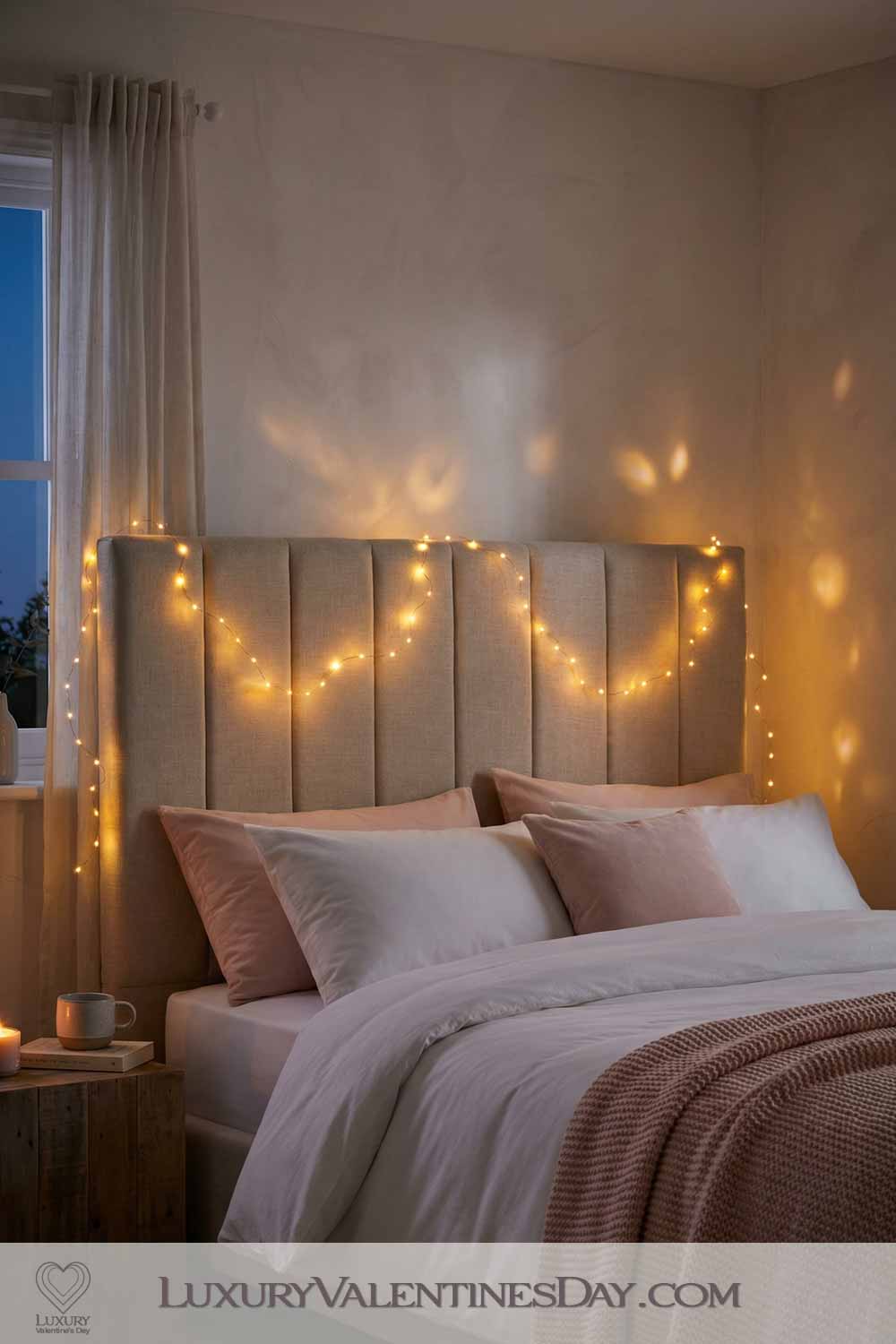 Valentines Day Party Decor Fairy Lights Around Headboard