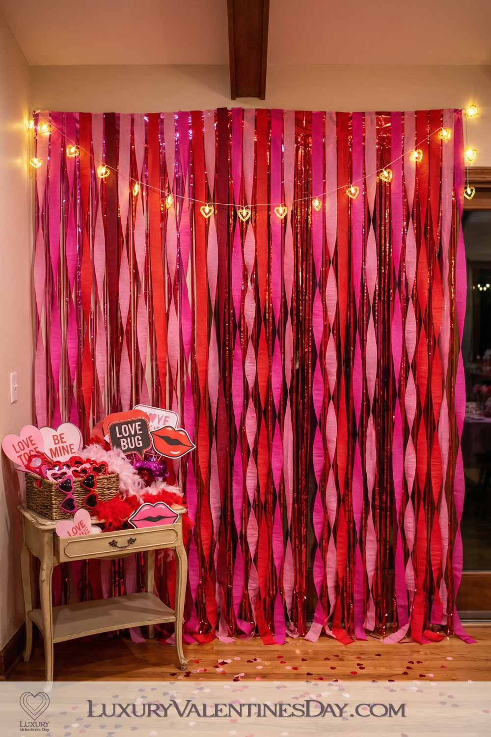 Valentines Day Party Decor Photo Booth Corner with Props and Backdrop