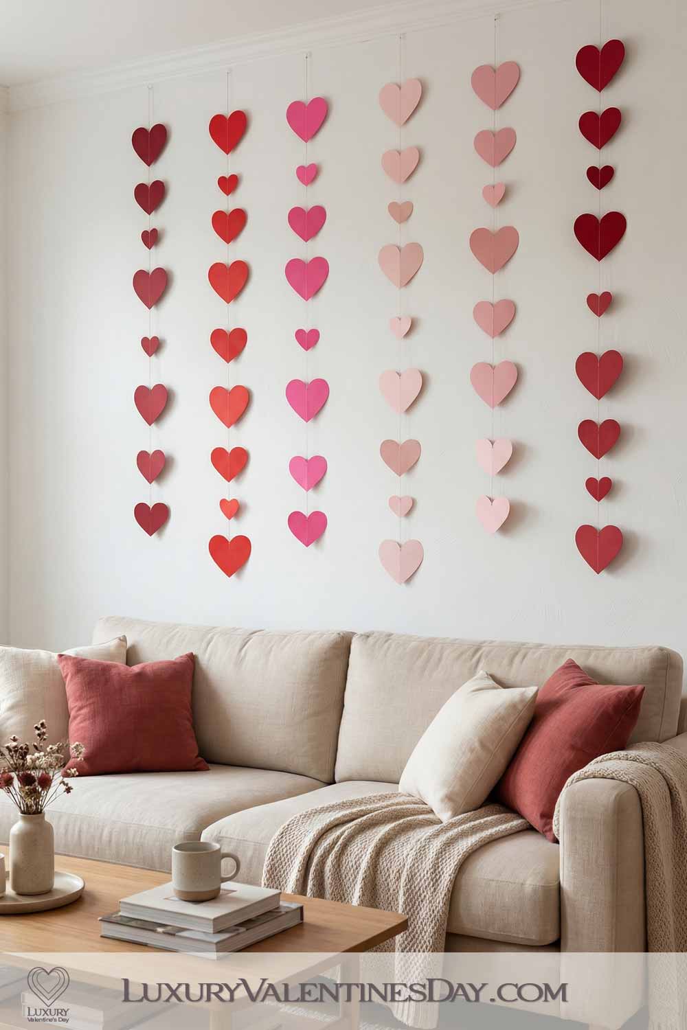 Valentines Day Party Decor Living Room Accent Wall with Hanging Hearts