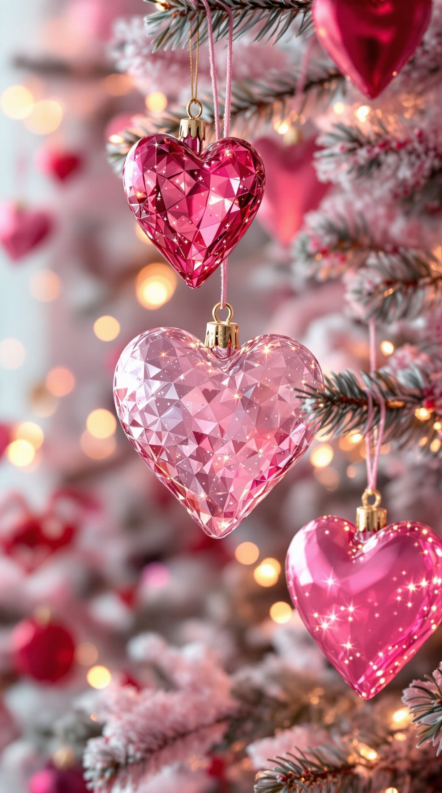 Heart-shaped glass ornaments in pink and red hanging on a Valentine's Day tree.
