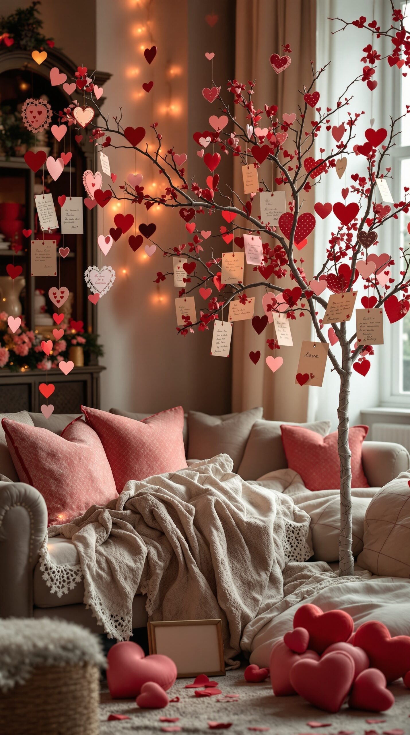 A cozy living room with a vintage Valentine tree decorated with heart ornaments and notes.