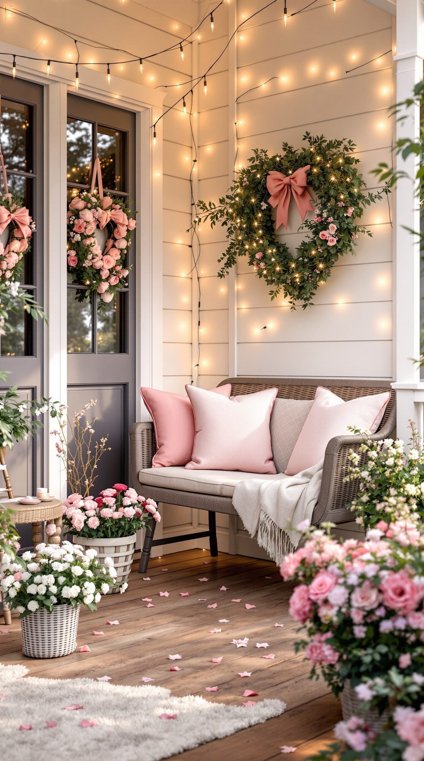 A beautifully decorated porch for Valentine's Day featuring pink flowers, wreaths, string lights, and cozy seating.