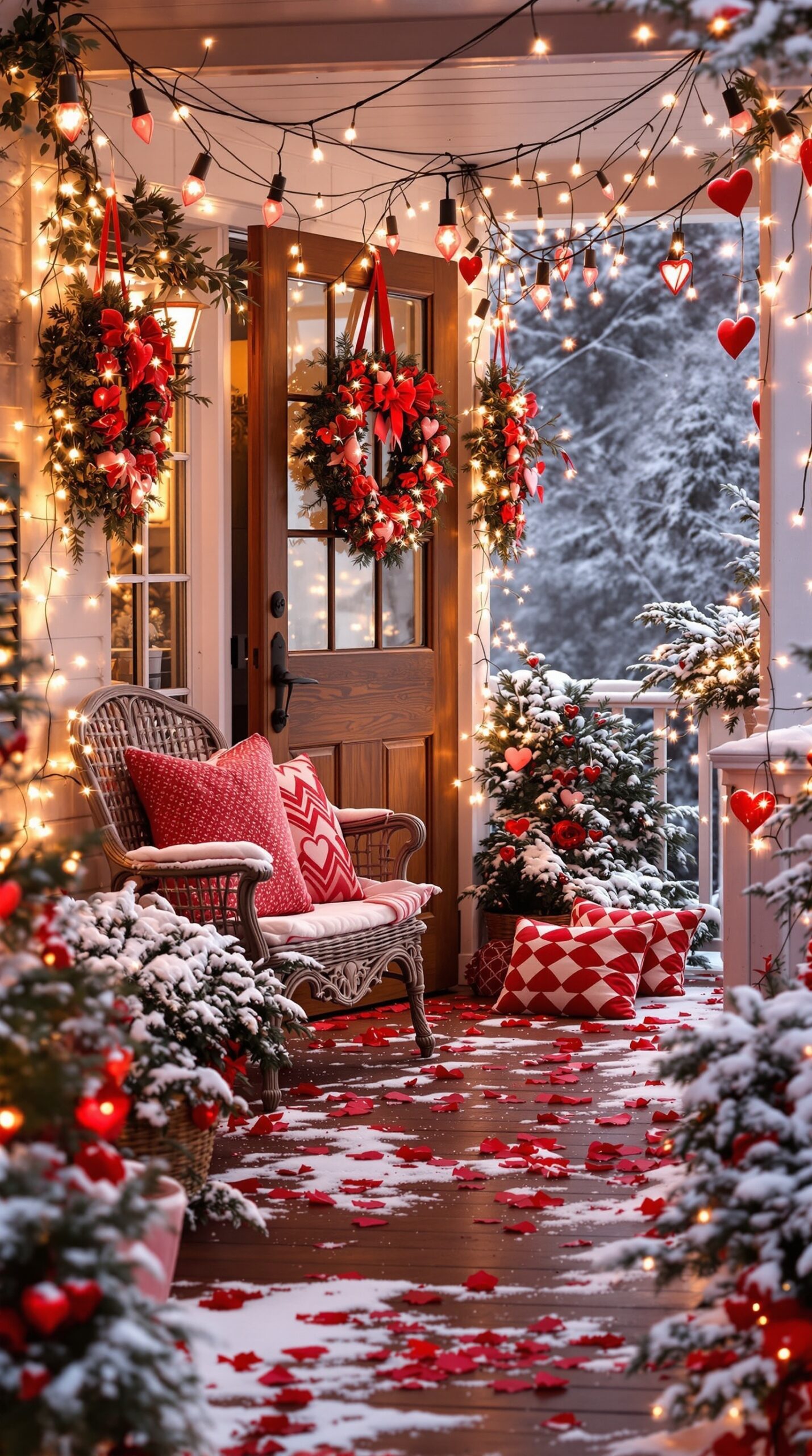 A beautifully decorated porch for Valentine's Day with wreaths, lights, and heart-themed decor.