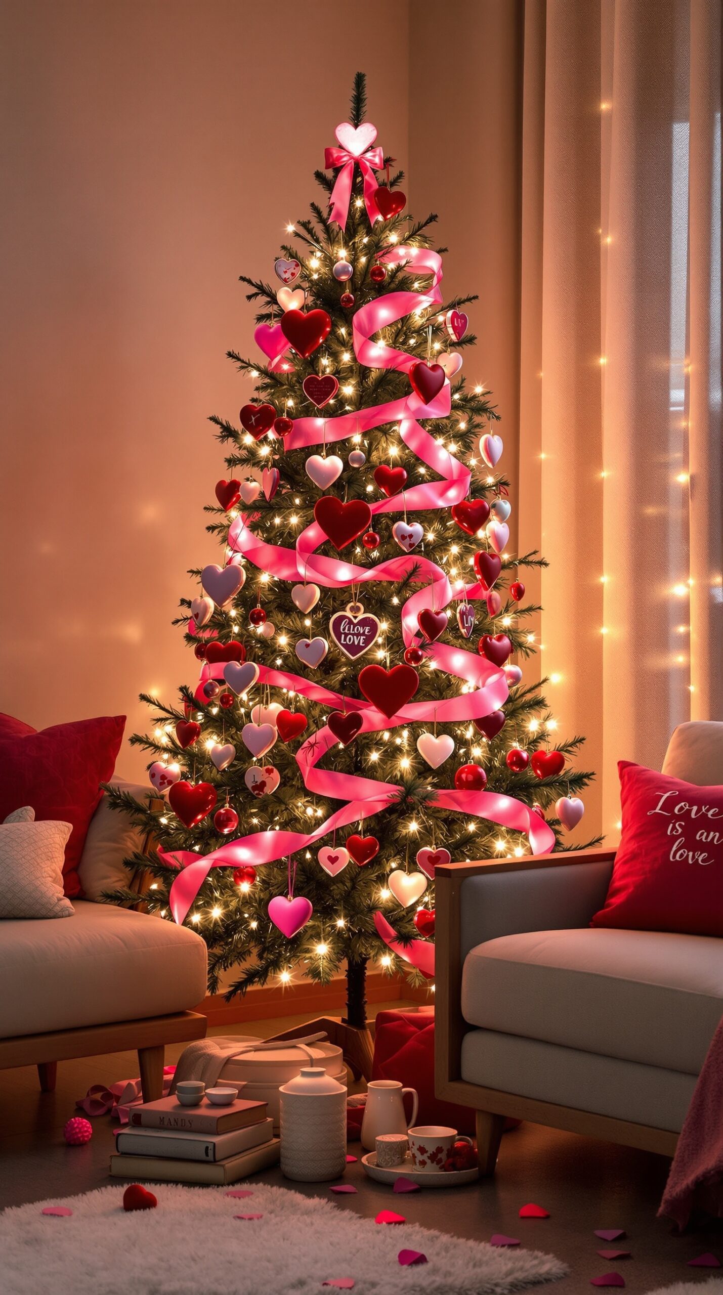A beautifully decorated Valentine tree with heart ornaments and pink ribbons, surrounded by cozy decor.