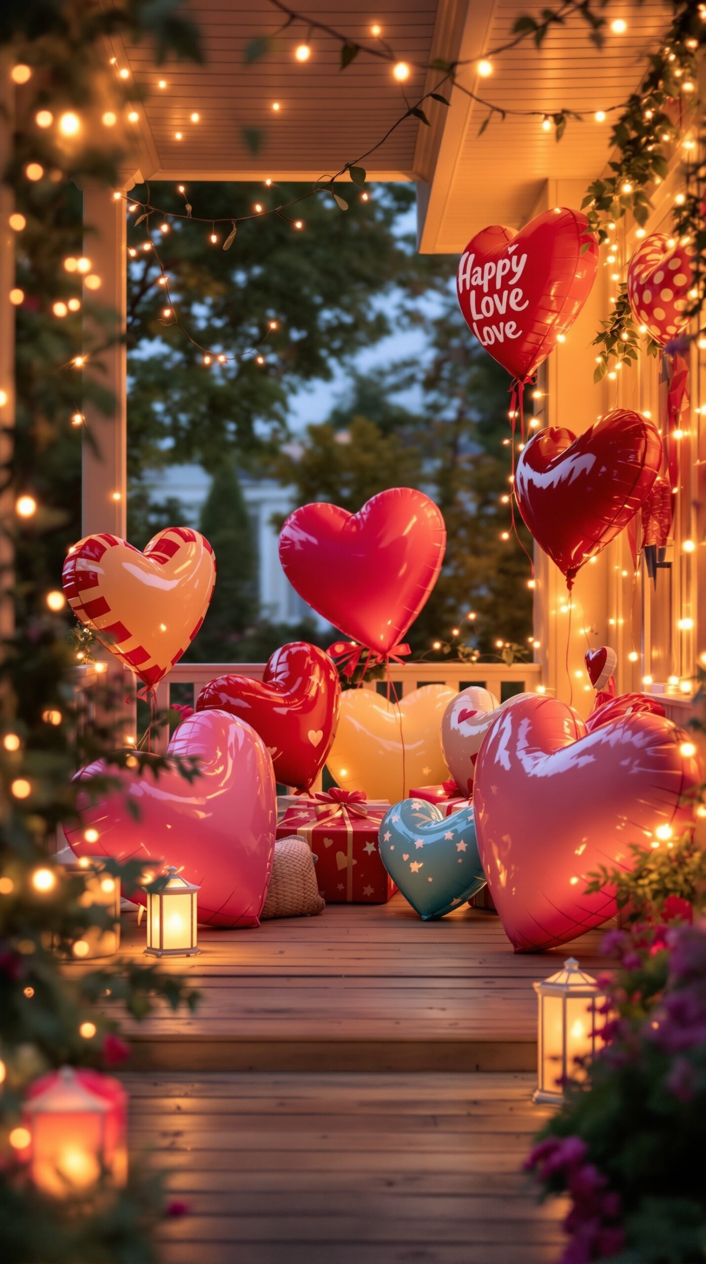 A porch decorated with heart-shaped inflatables, fairy lights, and festive decorations for Valentine's Day.