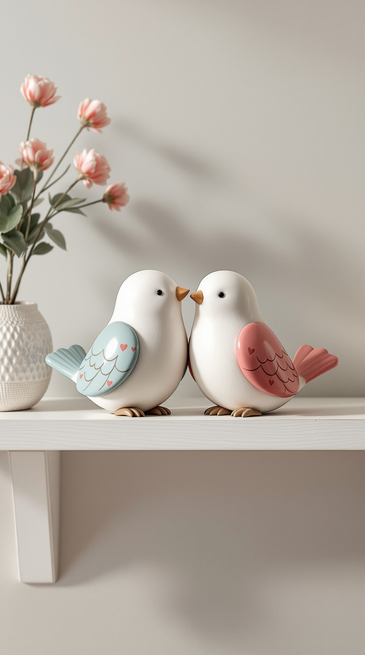 Two cute love bird figurines in soft colors, symbolizing love, placed on a shelf with flowers in the background.