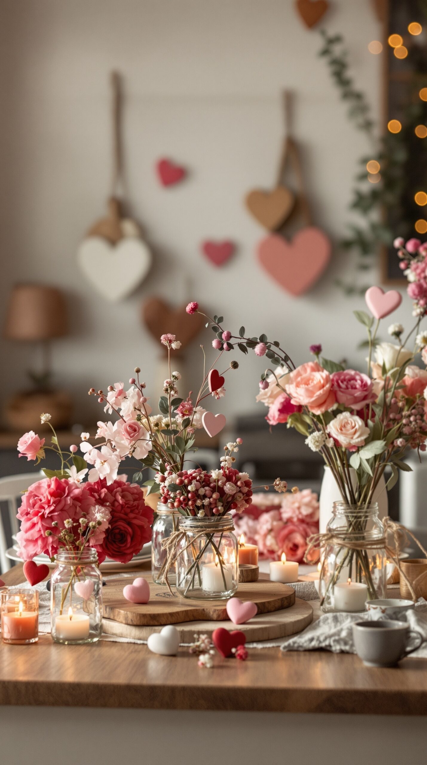 A cozy farmhouse table decorated with flowers, candles, and heart-shaped decorations for Valentine's Day.