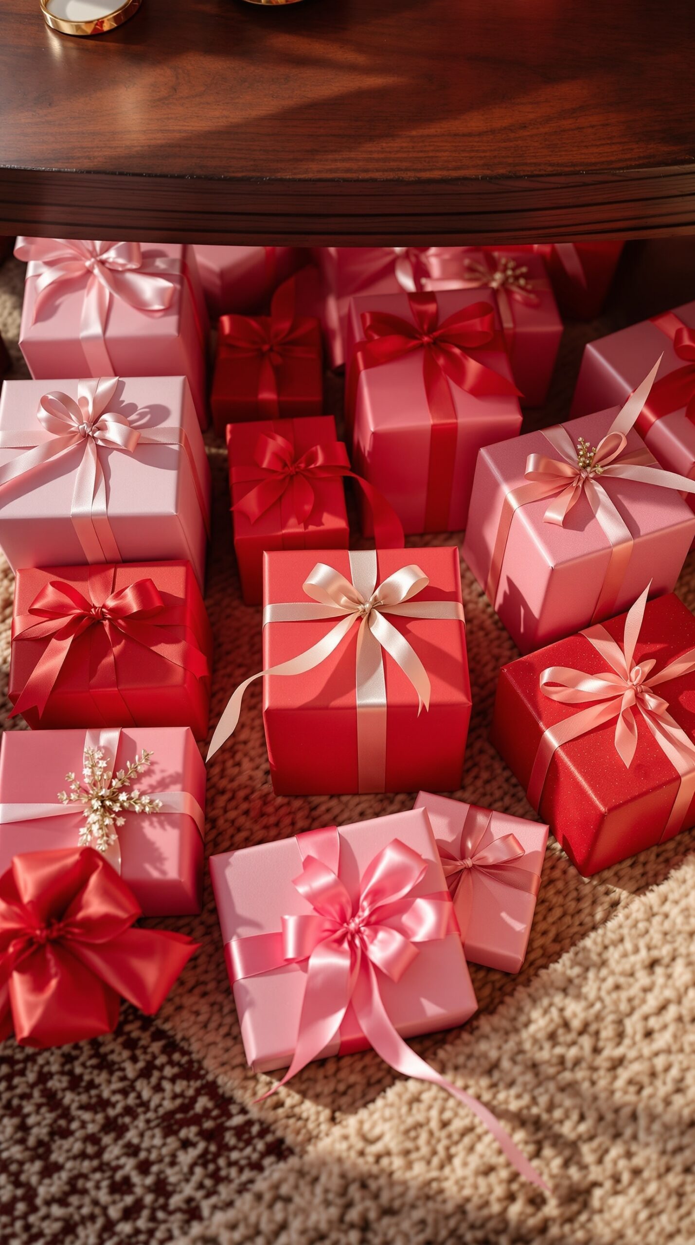 An assortment of red and pink gift boxes with ribbons arranged on a carpet