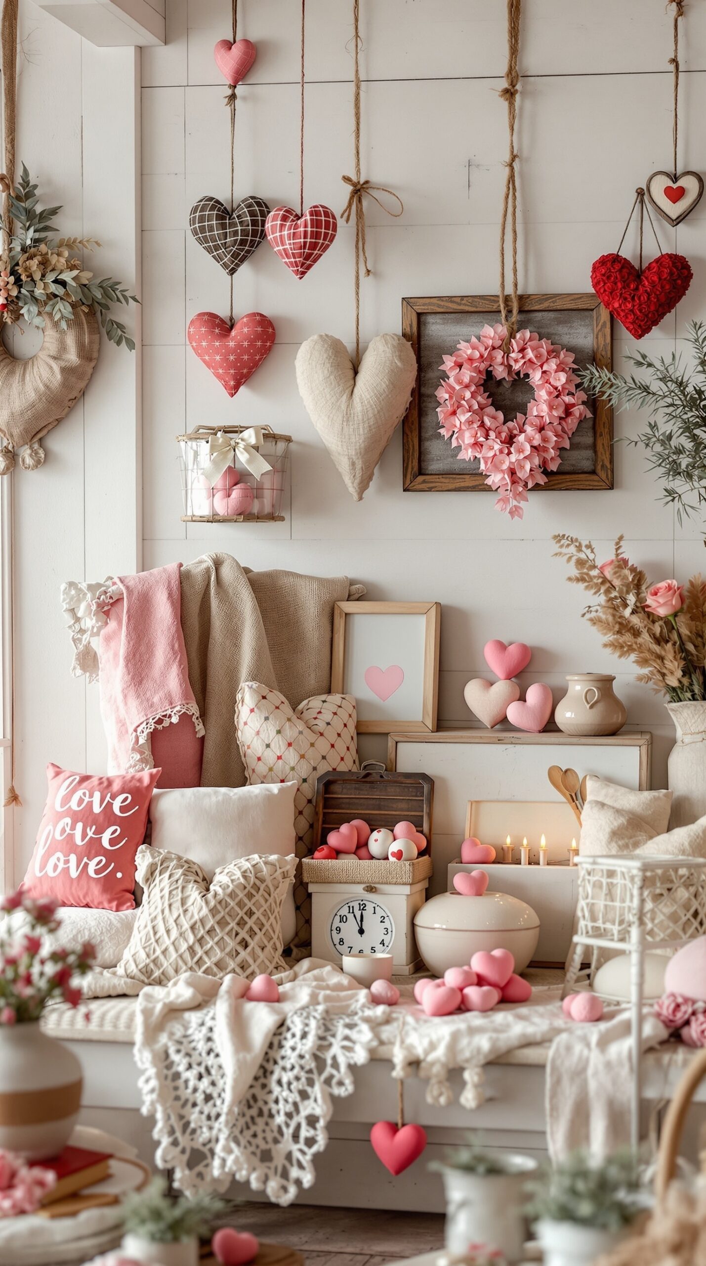 A cozy farmhouse-style living space decorated for Valentine's Day with hearts, flowers, and soft textiles.