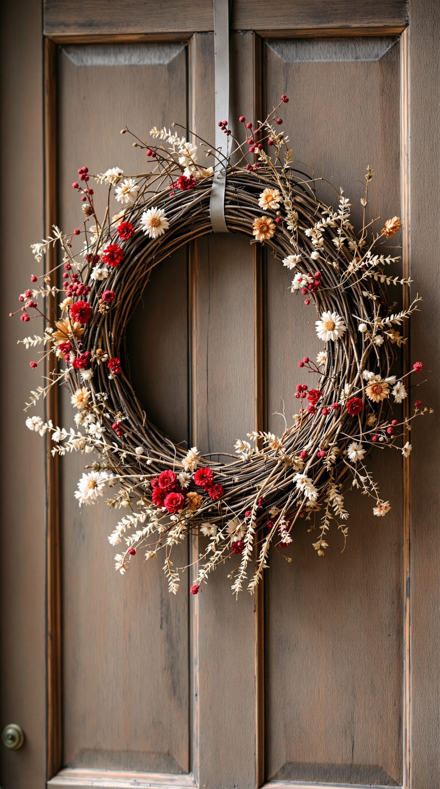 A rustic wreath adorned with dried flowers and twigs, featuring red and white blooms, hanging on a wooden door.