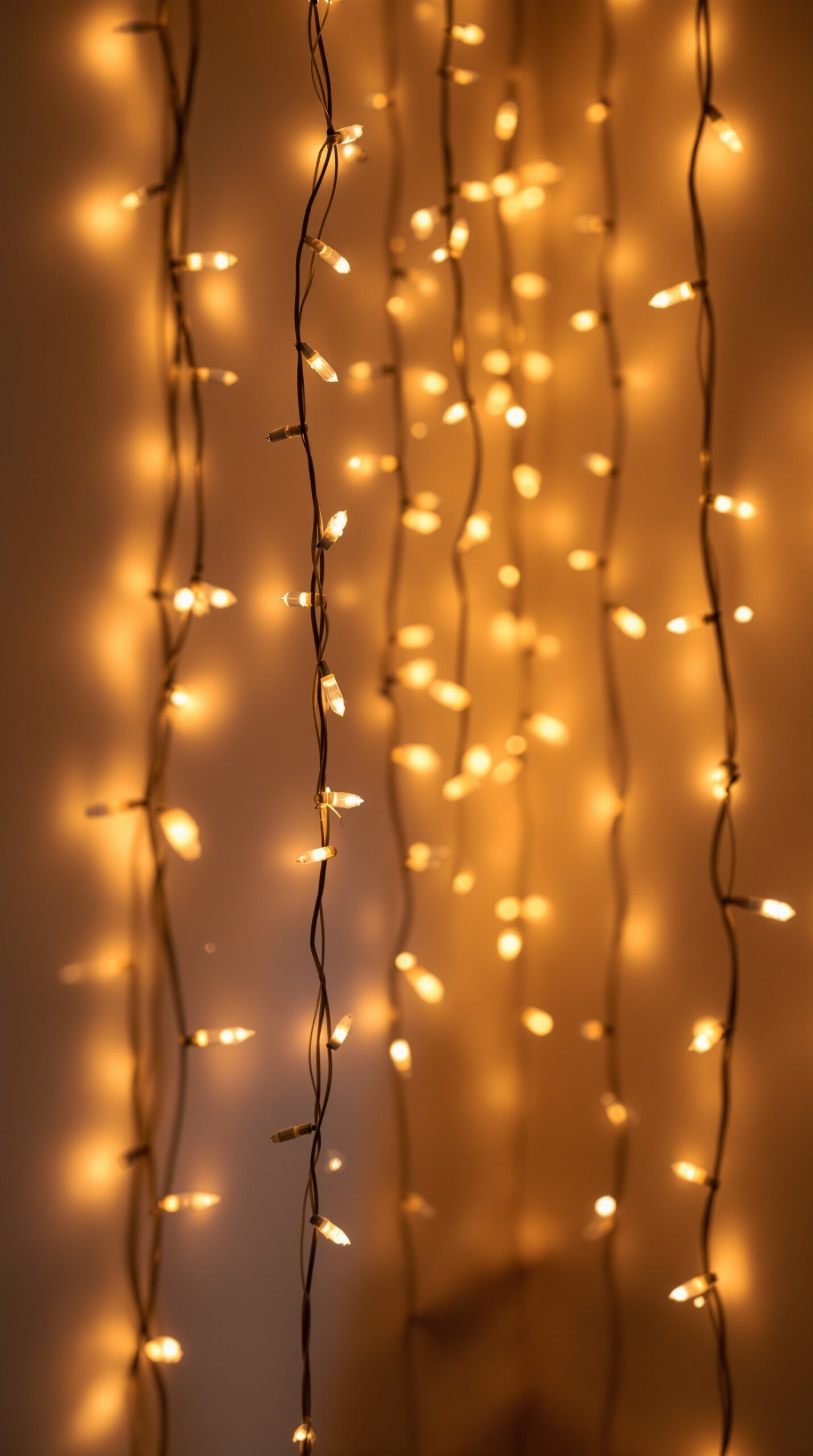 A close-up of warm string lights hanging against a soft background