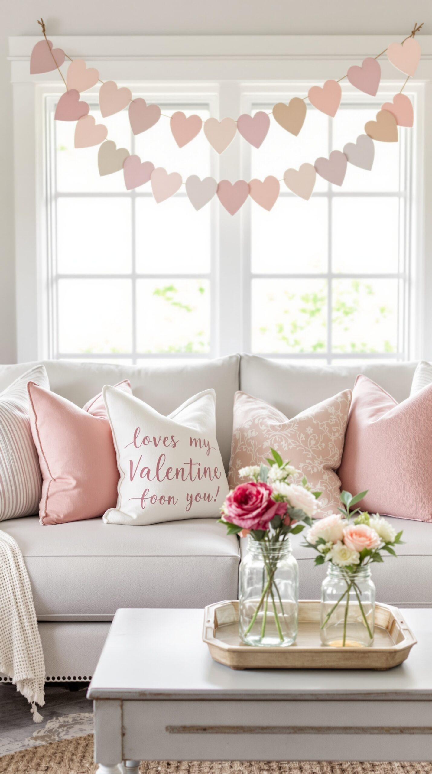 Cozy living room with pink and white Valentine's Day decorations, including heart garland and floral arrangements.