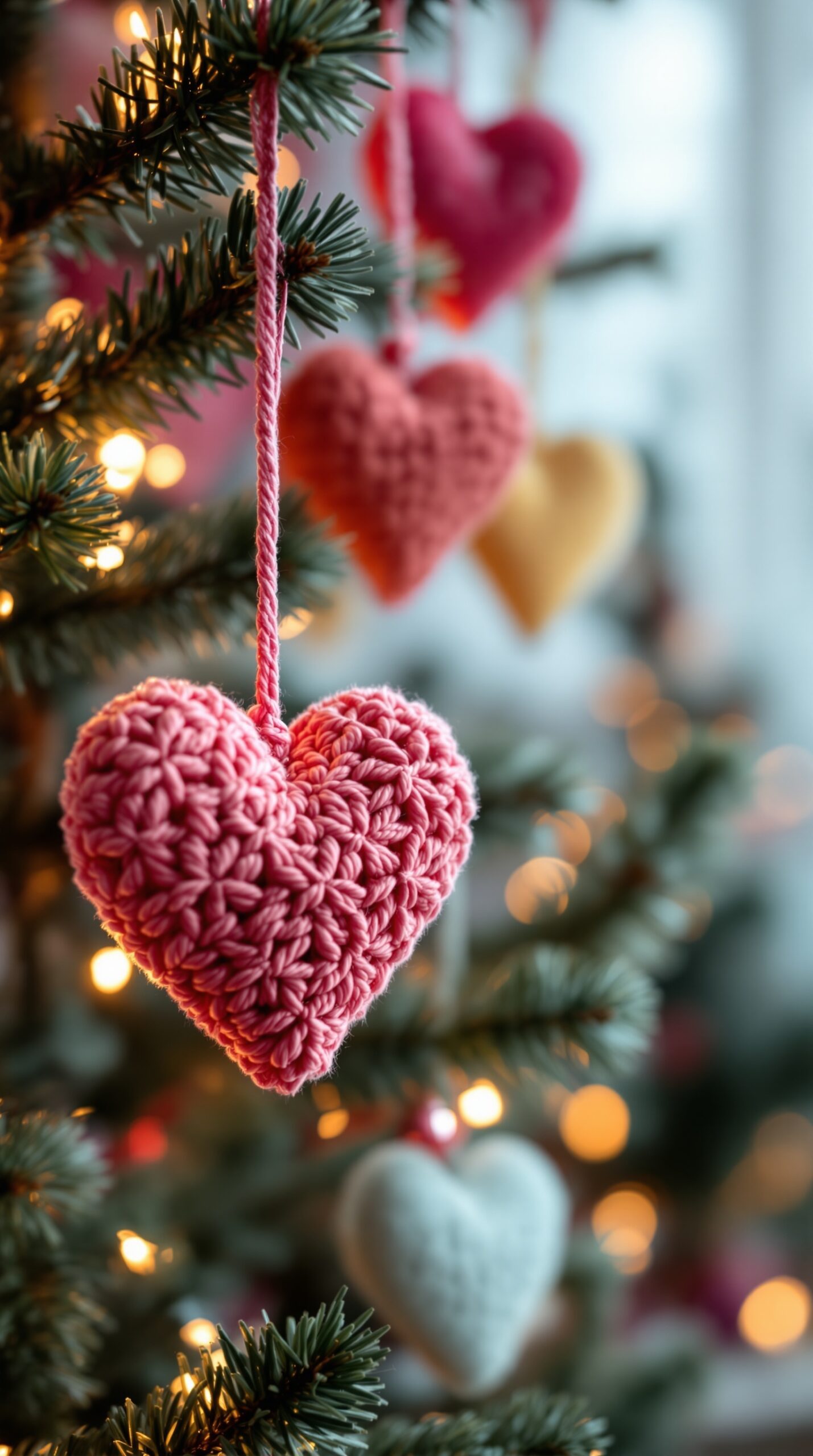 Crochet heart ornaments in pink and yellow hanging on a Christmas tree