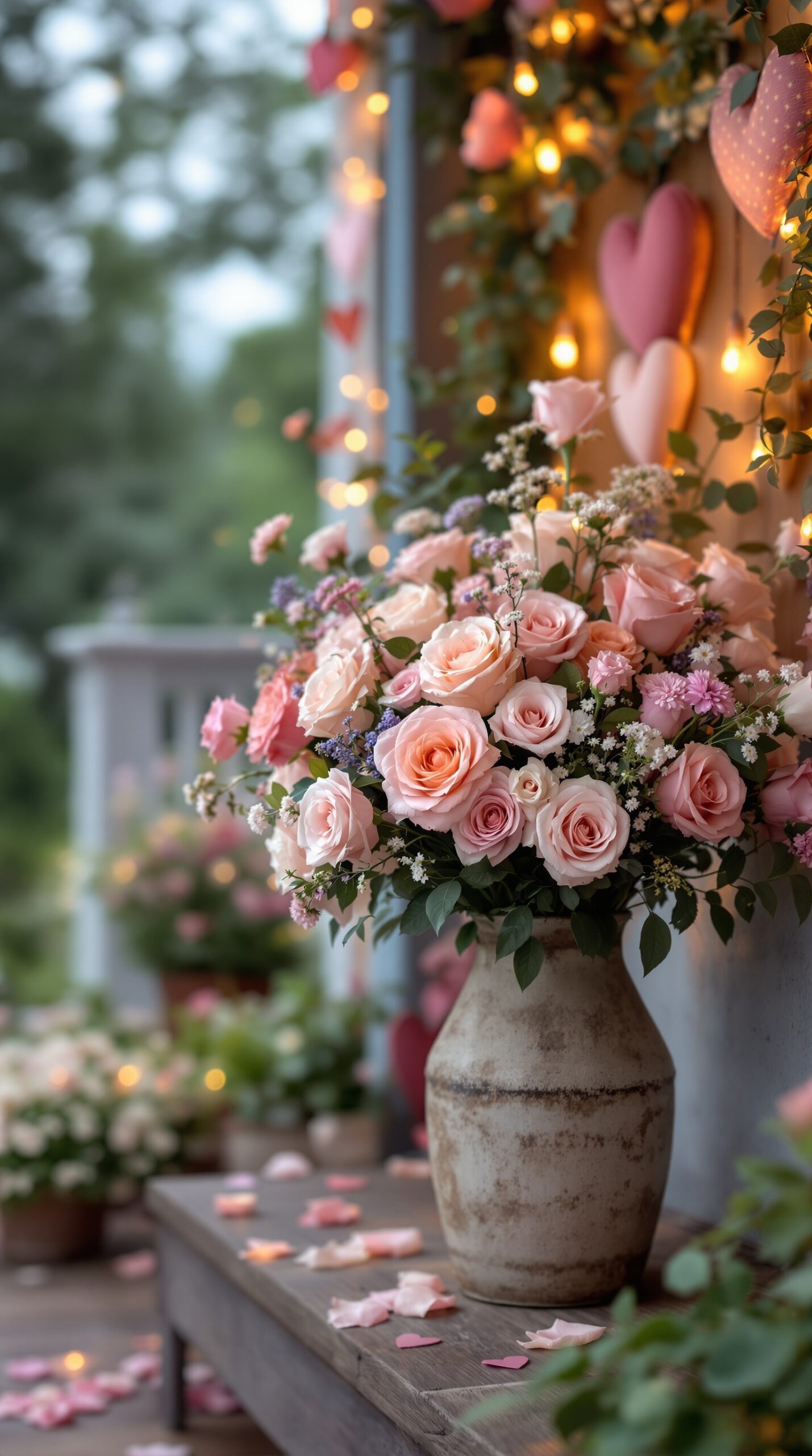 A beautiful arrangement of pink and peach roses in a rustic vase, surrounded by heart decorations and rose petals on a porch.